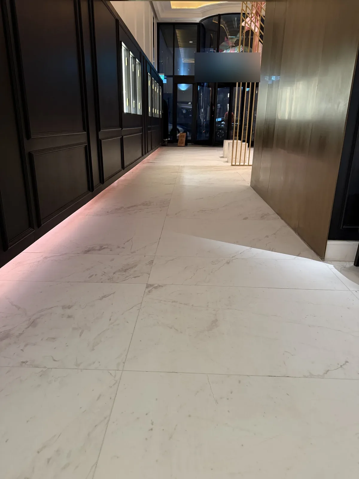 Honed marble corridor after maintenance at a downtown Montreal hotel