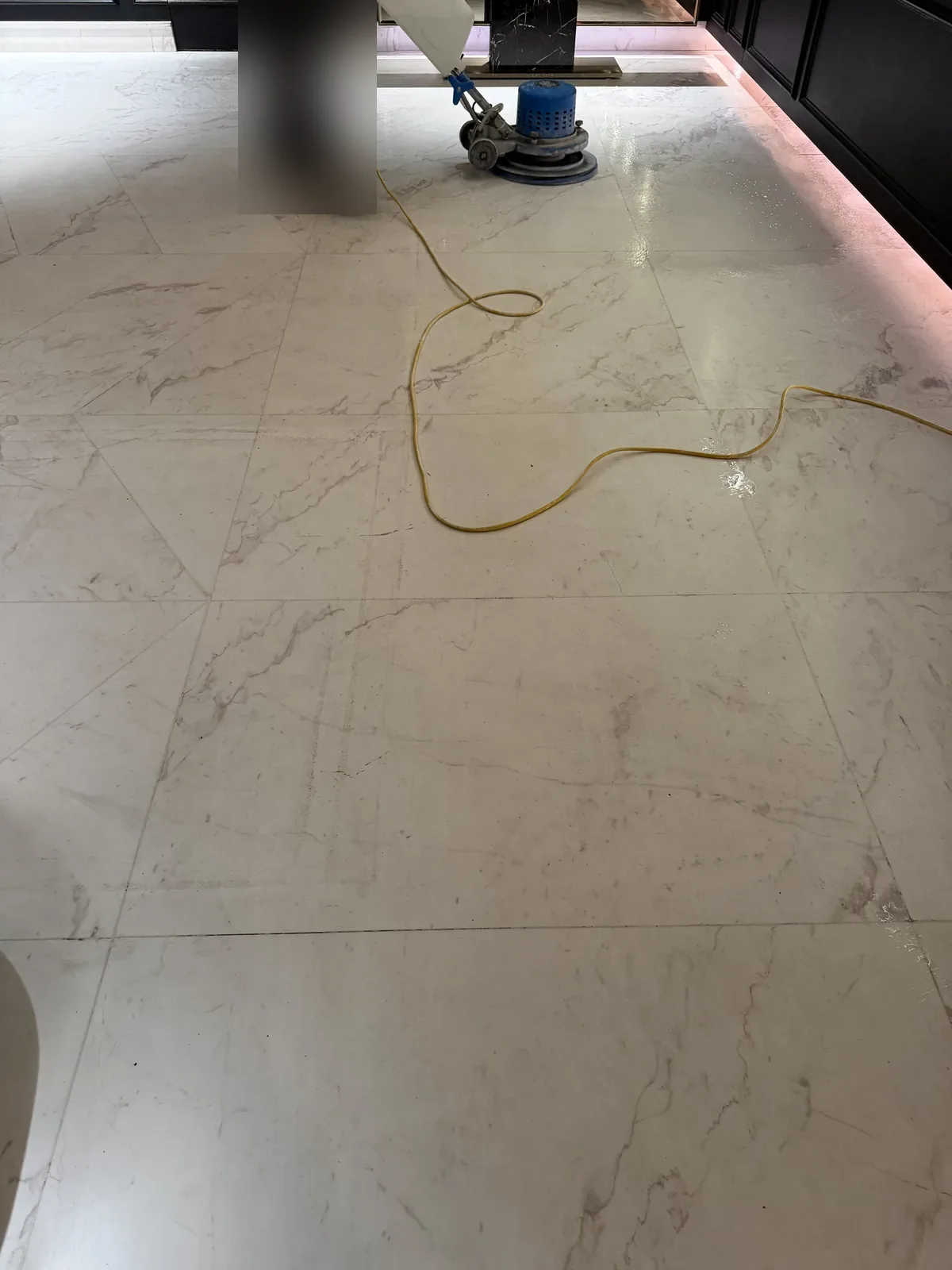 Marble floor maintenance in progress at a downtown Montreal hotel