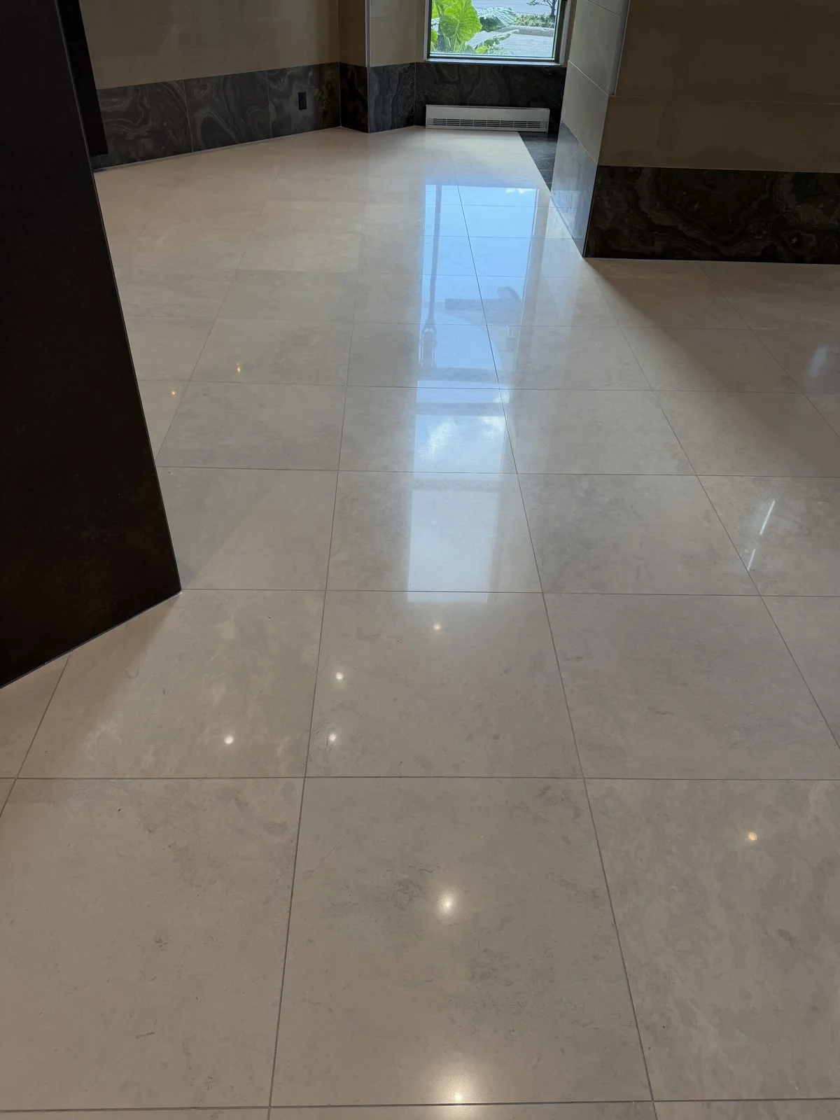 Finished marble lobby surface after polishing and sealing on Nuns' Island