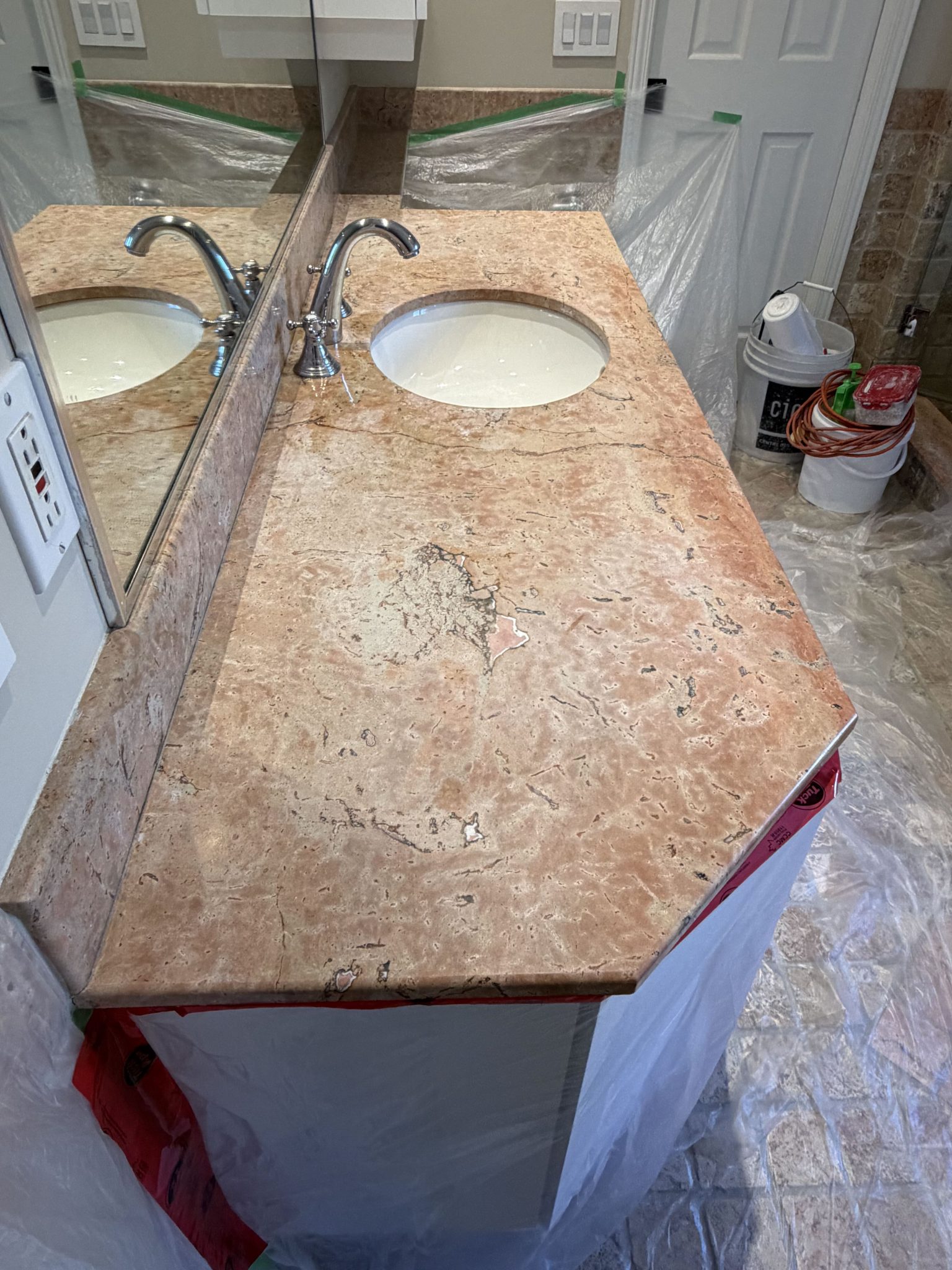 A marble vanity restored on Nuns’ Island — During restoration
