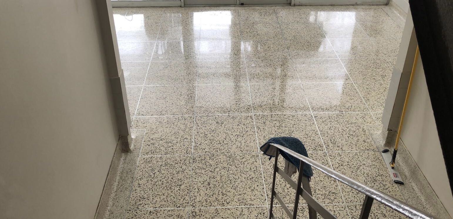 Commercial terrazzo floor fully restored in LaSalle — Final polishing under way